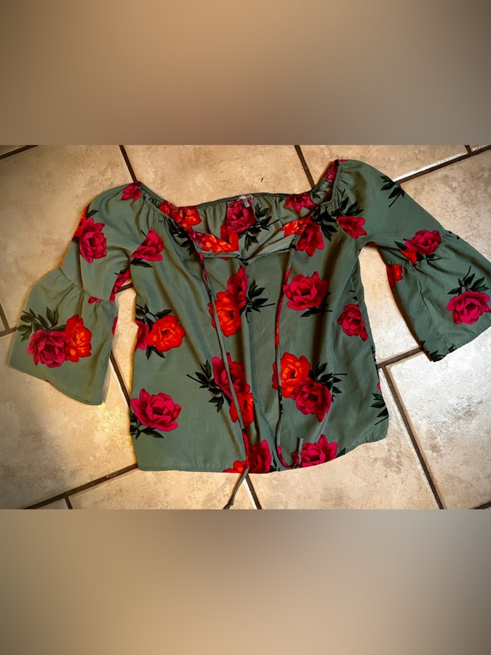 Charlotte Russe Teal Off-ShoulderBOHO  Blouse with Pink & Red Floral Print small